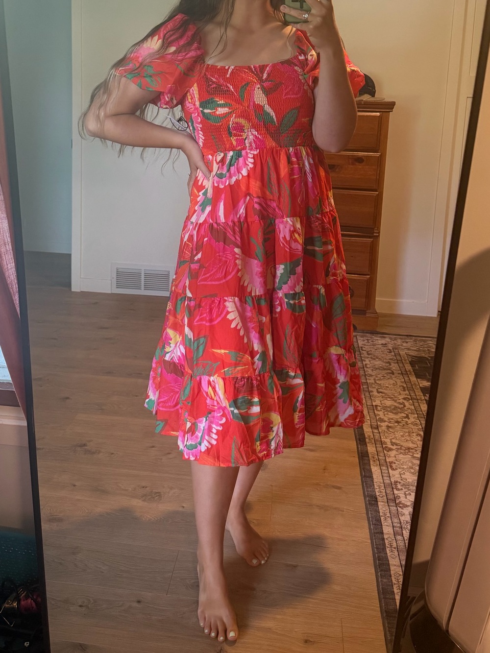 NEW Crystal Sky Floral Red Puff-Sleeve Smocked Midi Dress